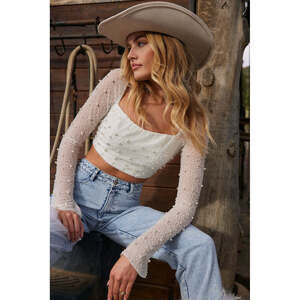 12th Tribe Cristal White Beaded Long Sleeve Crop Top Size SS